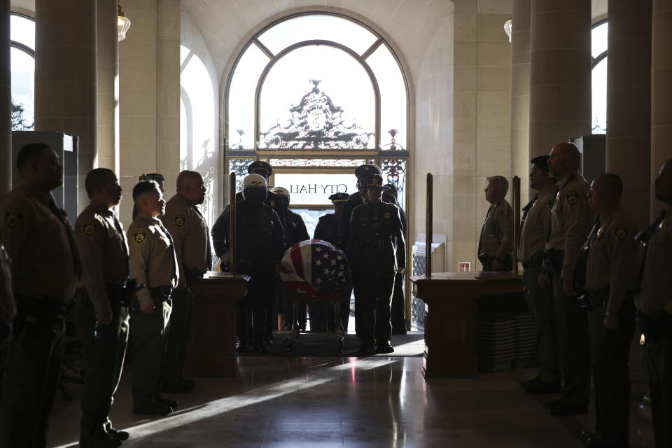 The casket of Sen. Dianne Feinstein arrives at San Francisco City Hall for public viewing in San Francisco on Wednesday, Oct. 4, 2023. (Gabrielle Lurie/San Francisco Chronicle via AP, Pool)