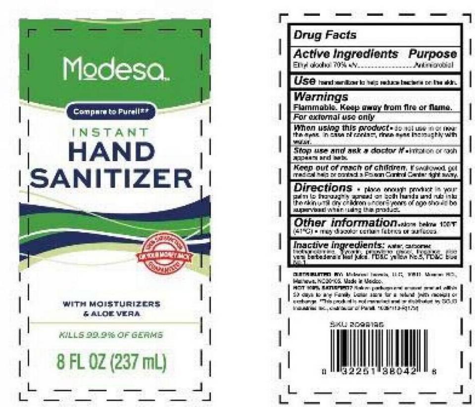 The box for Modesa Hand Sanitizer