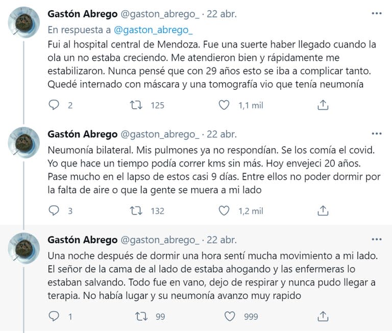 Parte del hilo de Twitter en el que Gastón Abrego relató su dura experiencia