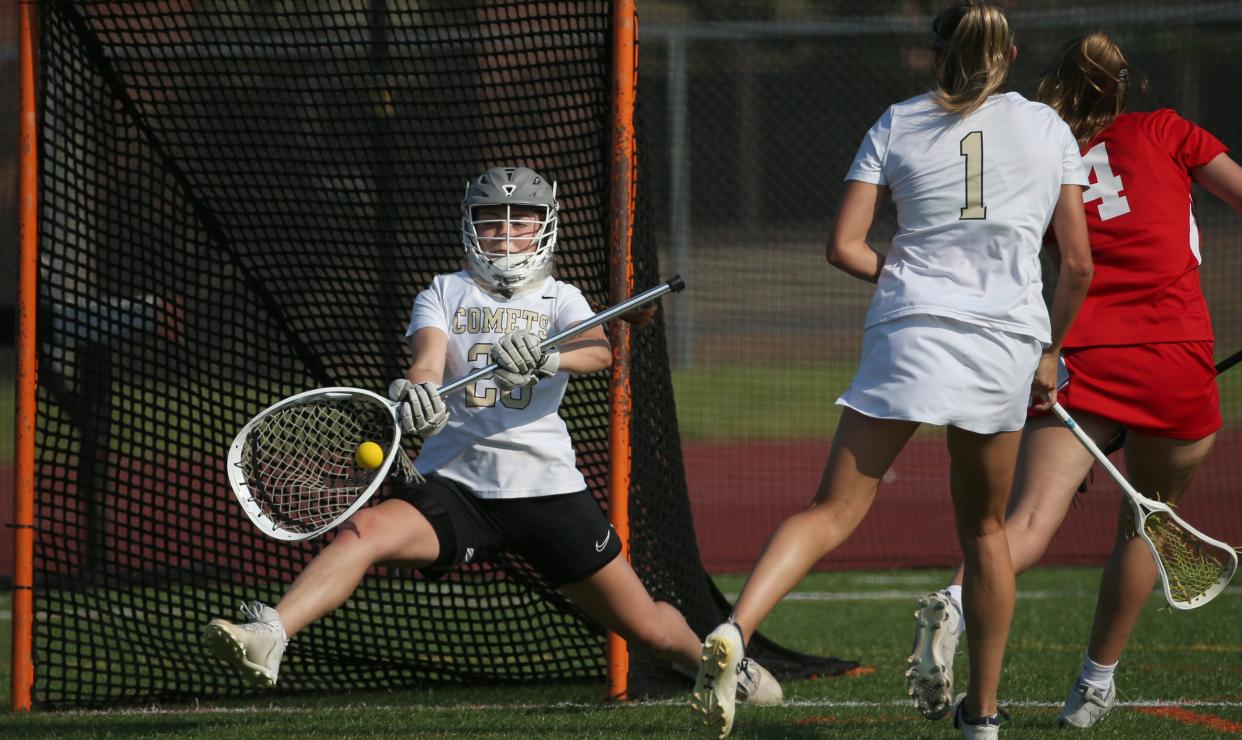 Rush-Henrietta goalie Angelia Oechsle makes a save on a low shot from Fairport's Lily Kondas during the 2023 Class A section title game.