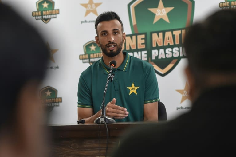 Pakistan captain Shan Masood speaks tomedia at the National Stadium in Karachi (Rizwan TABASSUM)