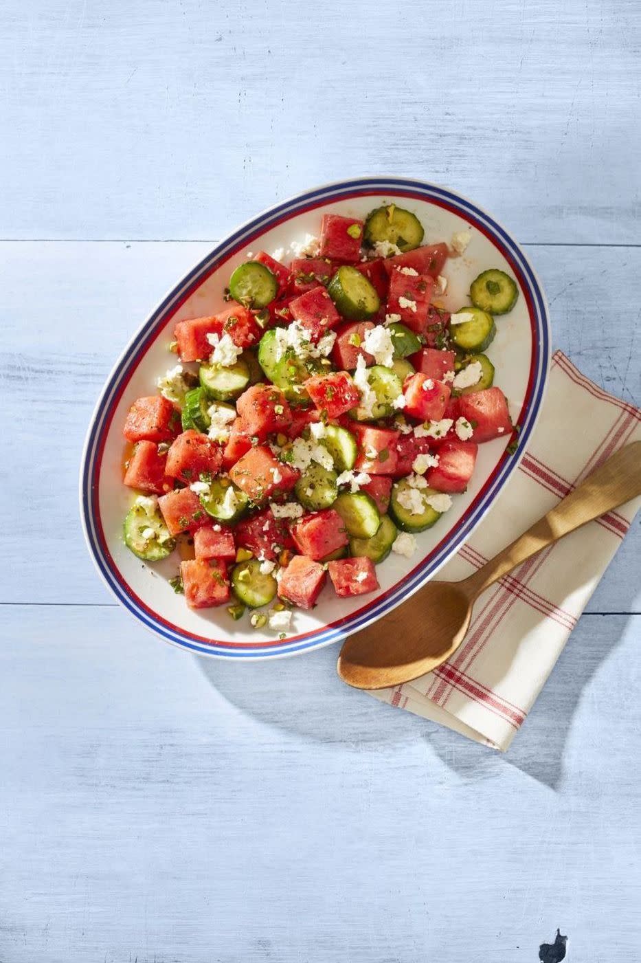 <p>After a day spent in the hot sun, you’ll want to cool down with something light and refreshing. This salad will do the trick! It’s packed with juicy watermelon, crisp cucumber, and bright mint for a refreshing addition to your summer menu. </p><p><a href="https://www.thepioneerwoman.com/food-cooking/recipes/a32345604/watermelon-salad-with-feta-and-mint-recipe/" rel="nofollow noopener" target="_blank" data-ylk="slk:Get Ree’s recipe.;elm:context_link;itc:0;sec:content-canvas" class="link "><strong>Get Ree’s recipe. </strong></a></p><p><a class="link " href="https://go.redirectingat.com?id=74968X1596630&url=https%3A%2F%2Fwww.walmart.com%2Fsearch%2F%3Fquery%3Dpioneer%2Bwoman%2Blinen%2Bnapkins&sref=https%3A%2F%2Fwww.thepioneerwoman.com%2Ffood-cooking%2Fmeals-menus%2Fg36353420%2Ffourth-of-july-side-dishes%2F" rel="nofollow noopener" target="_blank" data-ylk="slk:SHOP NAPKINS;elm:context_link;itc:0;sec:content-canvas">SHOP NAPKINS</a></p>