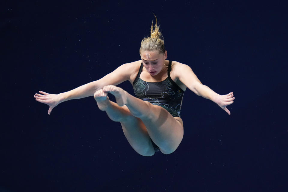 Alysha Koloi of Australia competes in the women's 1m springboard final at the World Aquatics Championships in Doha, Qatar, Friday, Feb. 2, 2024. (AP Photo/Hassan Ammar)