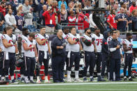 <p>The Houston Texans stand for the national anthem before the game against the New England Patriots at Gillette Stadium on September 9, 2018 in Foxborough, Massachusetts. (Photo by Jim Rogash/Getty Images) </p>