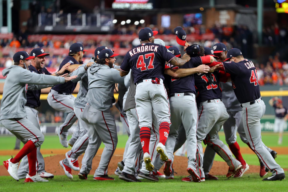 HOUSTON, TX - OCTOBER 30: The Washington Nationals celebrate after the Nationals defeat the Houston Astros during Game 7 to win the 2019 World Series at Minute Maid Park on Wednesday, October 30, 2019 in Houston, Texas. (Photo by Alex Trautwig/MLB Photos via Getty Images)