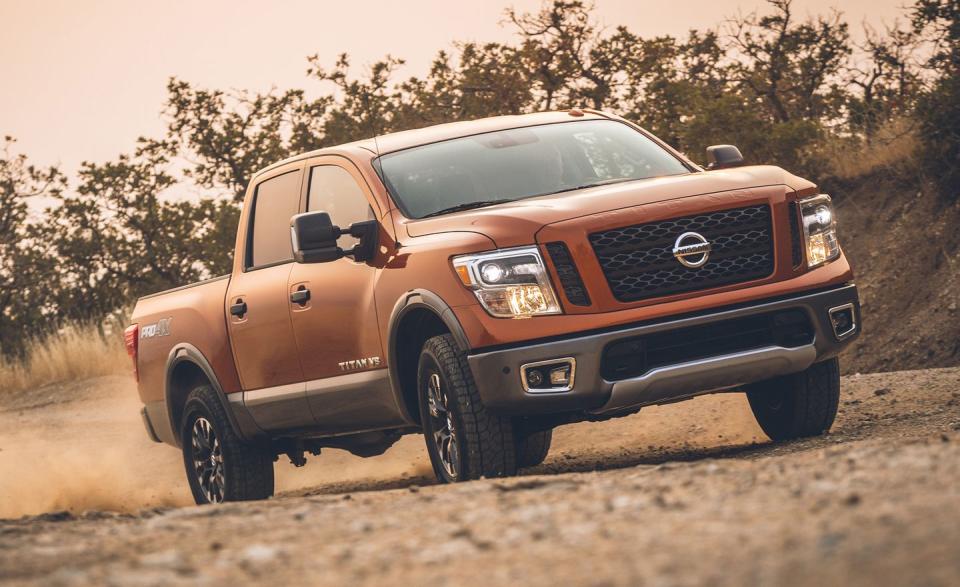 <p><a rel="nofollow noopener" href="https://www.caranddriver.com/nissan/titan" target="_blank" data-ylk="slk:Nissan's second-generation Titan;elm:context_link;itc:0;sec:content-canvas" class="link ">Nissan's second-generation Titan</a> is a valiant attempt to challenge established trucks from the American Big Three, but it doesn’t quite hit the mark. Although it can giddyap and go and has sufficient braking power, its ride, steering, and handling aren't as refined as the competition's. A disappointing infotainment system mars the otherwise large, comfortable cabin. Towing is a highlight, at least: The Titan can tow up to 9740 pounds, which is more than enough for most owners, and every model can pull at least 9110 pounds with a max of 9740 pounds.<br></p>
