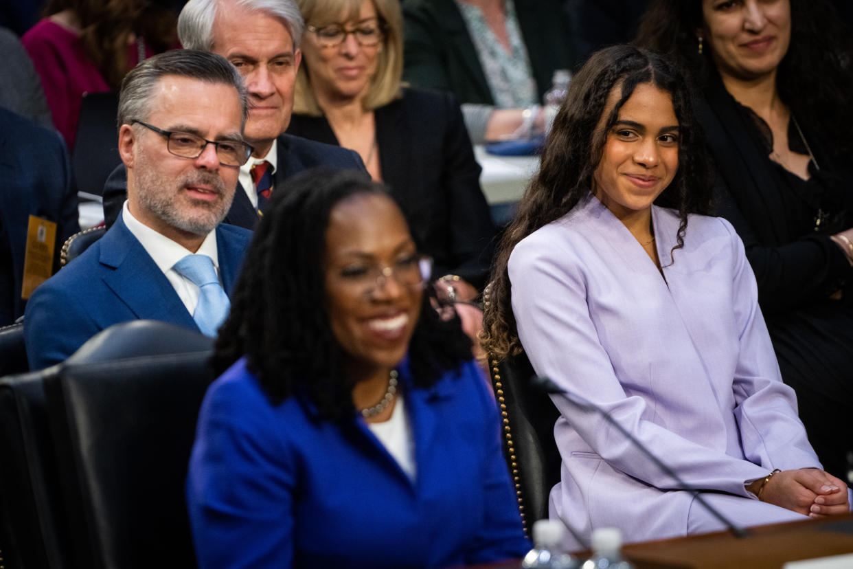 Patrick Jackson, left, husband of Supreme Court nominee Ketanji Brown Jackson, center, and daughter Leila Jackson, right, look on during confirmation hearings in Washington, Monday, March 21, 2022. (Sarahbeth Maney/The New York Times) 