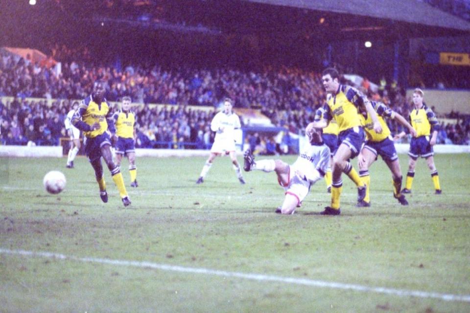 Tony Kelly tucks the ball away for Bolton at the Manor Ground in 1993 <i>(Image: Newsquest)</i>