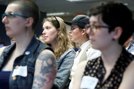 Nora Lindsey (center, left), from Portland, listens with her partner, Stuart Getty, also from Portland, during an Oregon Driver and Motor Vehicle department public hearing on the rights of transgender people as the state considers adding a third gender choice to driver's licenses and identification cards, in Portland, Oregon, May 10, 2017. REUTERS/Terray Sylvester