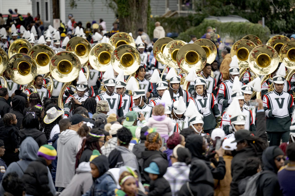The Mississippi Valley State marching band marches during the Krewe of Zulu Parade on Mardi Gras Day in New Orleans, Tuesday, Feb. 13, 2024. (AP Photo/Matthew Hinton)