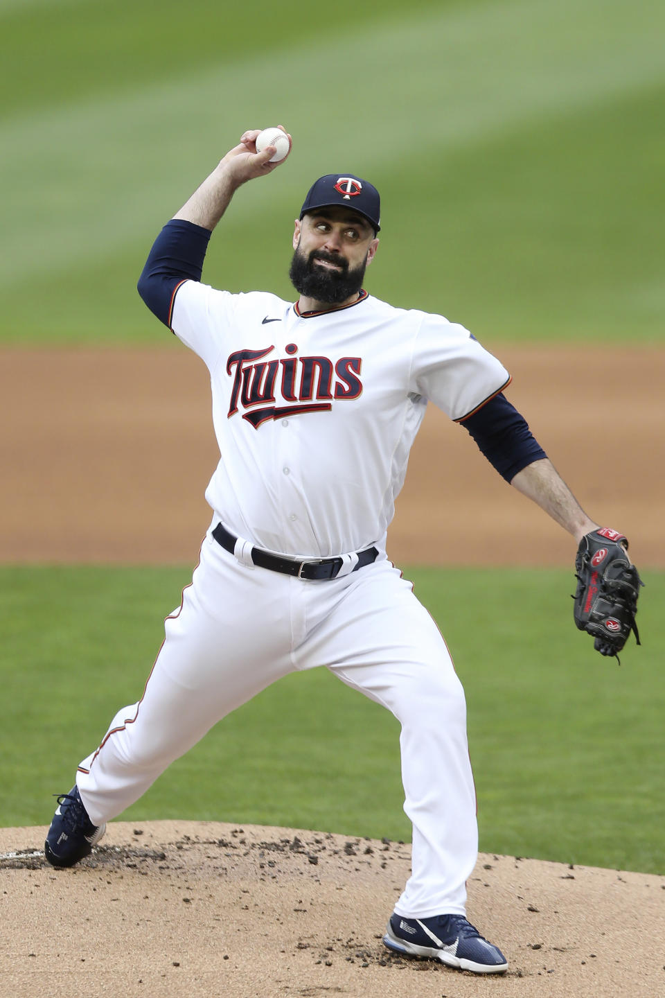 Minnesota Twins' pitcher Matt Shoemaker throws against the Kansas City Royals during the first inning of a baseball game, Sunday, May 30, 2021, in Minneapolis. (AP Photo/Stacy Bengs)