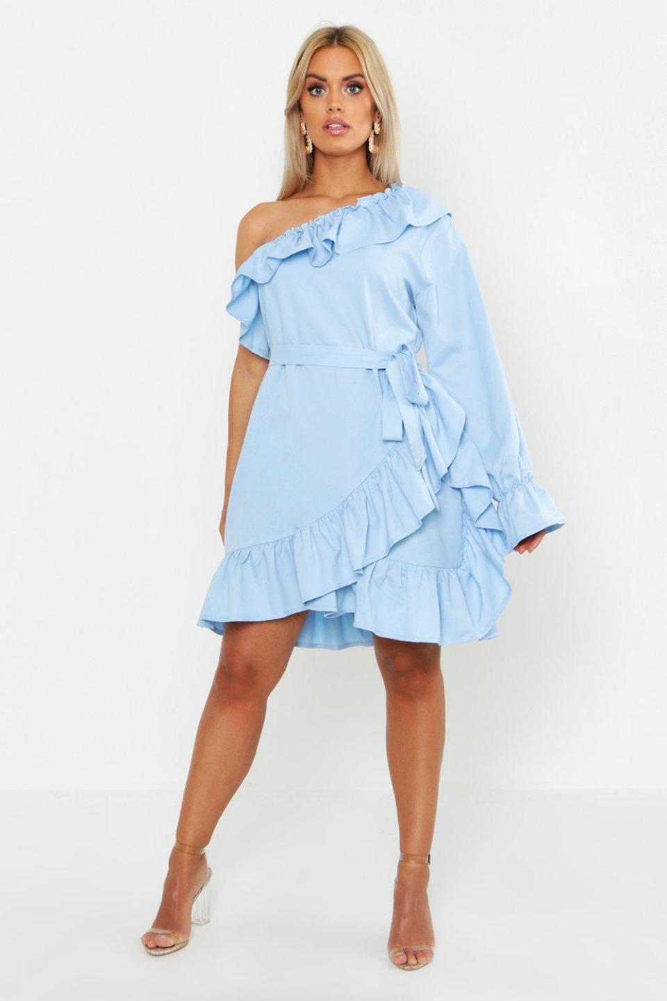 BooHoo One Shoulder Ruffle Tie Waist Dress. (Photo: Boohoo)