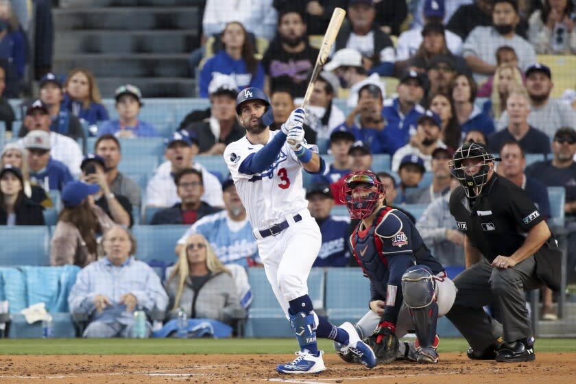 Los Angeles, CA - October 21: Los Angeles Dodgers' Chris Taylor looks up after hitting a two-run home run during the second inning in game five in the 2021 National League Championship Series against the Atlanta Braves at Dodger Stadium on Thursday, Oct. 21, 2021 in Los Angeles, CA. (Luis Sinco / Los Angeles Times)