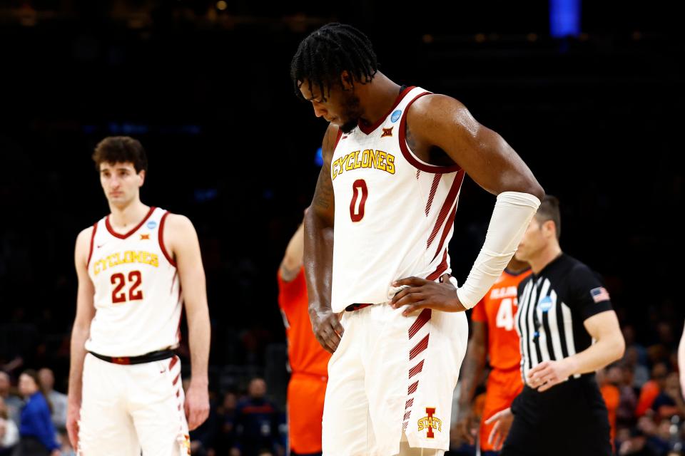 Iowa State forward Tre King (0) reacts after losing to the Illinois in the East Regional semifinal of the of the men's NCAA Tournament at TD Garden.