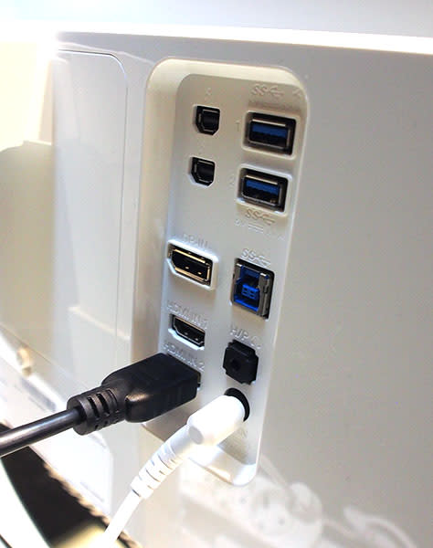 The 34UC98's ports can be easily accessed round the back. Notice the two Thunderbolt 2 ports, dual USB 3.0 ports and HDMI ports.