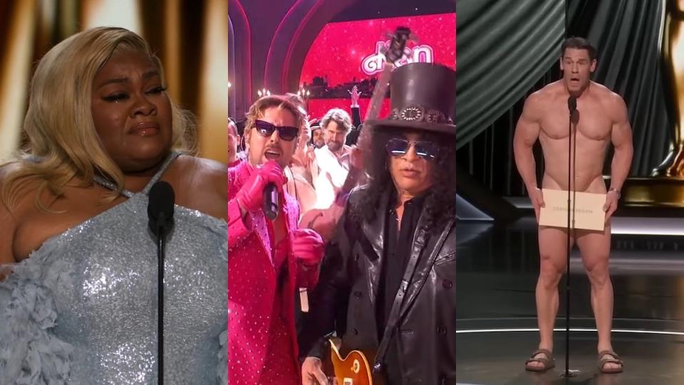 Three images from the 2024 Oscars: Da'Vine Joy Randolph accepting her award whole crying, Ryan Gosling in a pinck suit singing with Slash on guitar, and a naked John Cena at the mic holding an envelope to cover himself up