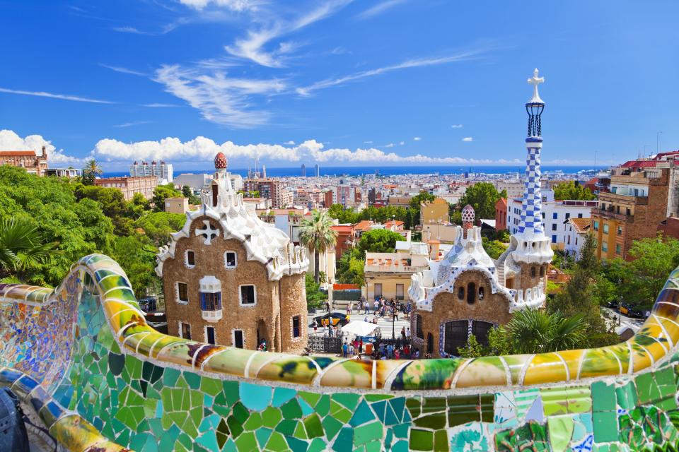 A view of the main entrance to Gaudí's Parc Güell, designed for the architects patron and friend, Eusebi Güell.