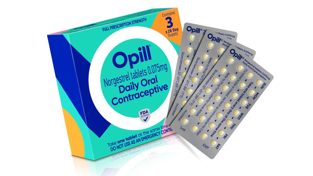  photo shows a colorful box labeled "Opill, daily oral contraceptive" which is next to three sealed packs of small white pills 