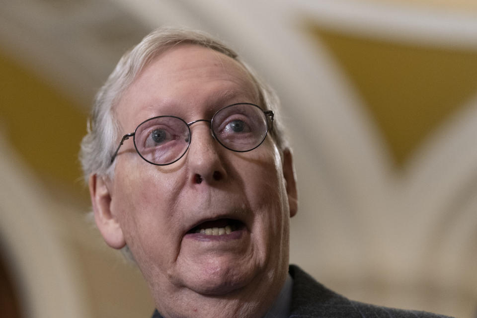 FILE - Senate Minority Leader Mitch McConnell of Ky., speaks to reporters during a news conference following the Republican policy luncheon meeting on Capitol Hill, Jan. 24, 2023, in Washington. (AP Photo/Manuel Balce Ceneta, File)