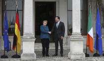 Irish Prime Minister Leo Varadkar greets German Chancellor Angela Merkel at Farmleigh House in Dublin, Ireland, Thursday, April 4, 2019. (AP Photo/Peter Morrison)