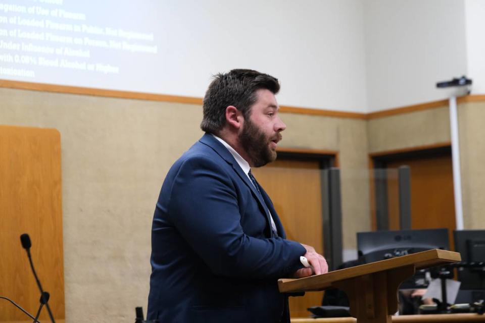 San Luis Obispo County Deputy District Attorney Cameron Simoes presents his closing arguments in the case against Charles Ammons, who is accused of attempting to murder a Pismo Beach Police Office, in San Luis Obispo Superior Court on Sept. 10, 2024.