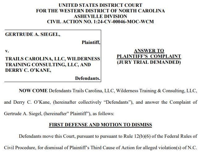 State licensed therapeutic wilderness camp Trails Carolina has answered a lawsuit by a former camper alleging the camp was negligent in preventing her sexual assault.