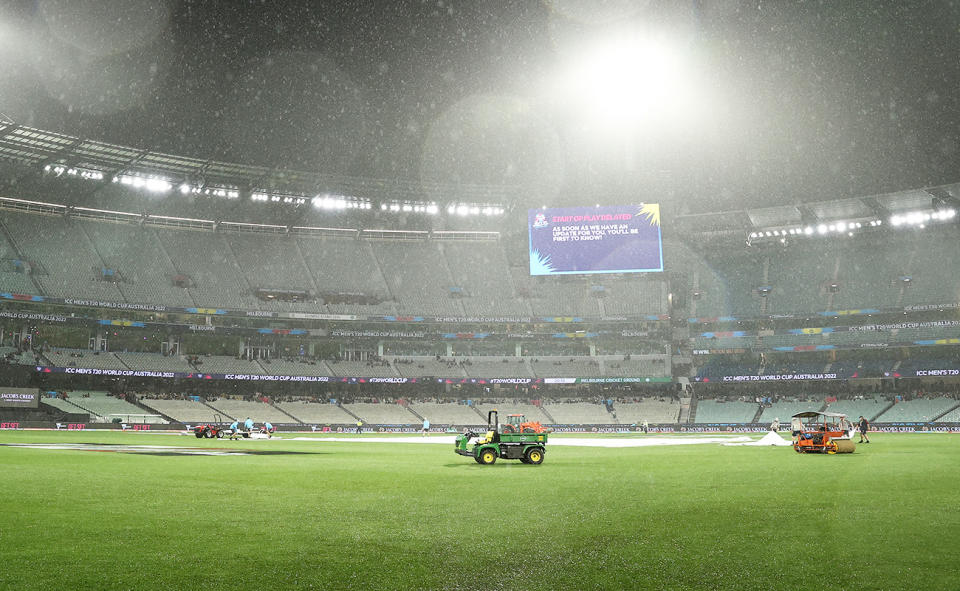 Rain, pictured here falling at the MCG during the T20 World Cup match between New Zealand and Afghanistan.