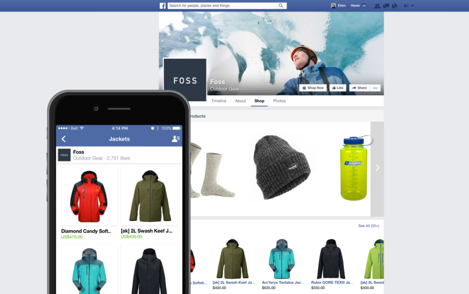 Shopify integration on Facebook on mobile and desktop.