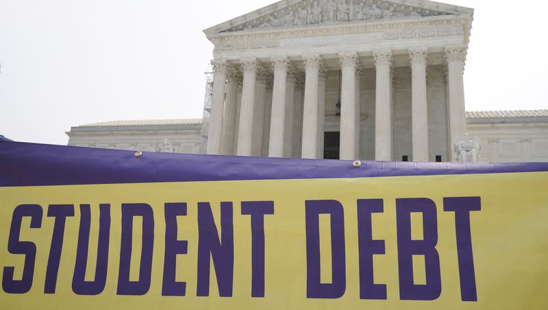 A sign reading “Student Debt” is seen outside the Supreme Court, Friday, June 30, 2023, as decisions are expected in Washington. A sharply divided Supreme Court has ruled that the Biden administration overstepped its authority in trying to cancel or reduce student loan debts for millions of Americans. Conservative justices were in the majority in Friday’s 6-3 decision that effectively killed the $400 billion plan that President Joe Biden announced last year.