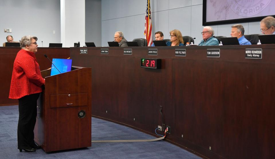 Brevard County Tax Collector Lisa Cullen at the podium at the February 20, 2024 meeting of the Brevard County Board of County Commissioners in Viera.