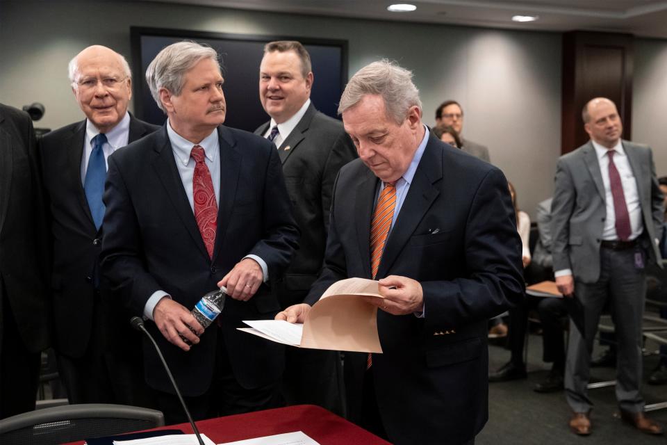 From left: Sen. Patrick Leahy, D-Vt., ranking member of the Senate Appropriations Committee, Sen. John Hoeven, R-N.D., Sen. Jon Tester, D-Mont., and Sen. Dick Durbin, D-Ill., the assistant Democratic leader in the Senate, at the Capitol in Washington Jan. 30, 2019.