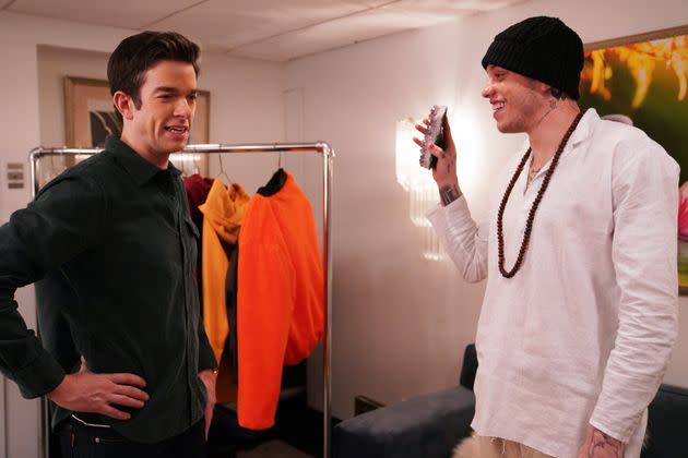 John Mulaney and Pete Davidson taking promo photos for 