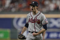 Atlanta Braves starting pitcher Max Fried celebrates the last out in the first inning in Game 6 of baseball's World Series between the Houston Astros and the Atlanta Braves Tuesday, Nov. 2, 2021, in Houston. (AP Photo/Eric Gay)