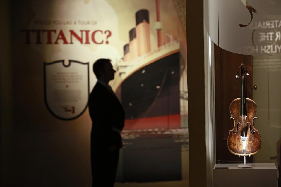 The violin that belonged to Titanic bandmaster Wallace Hartley is seen on display at the Titanic Centre in Belfast