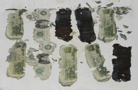 Some of the stolen $20 bills taken by a hijacker calling himself D.B Cooper and found in Oregon, U.S., by a young boy in 1980, are displayed in an undated FBI picture. FBI/Handout via Reuters