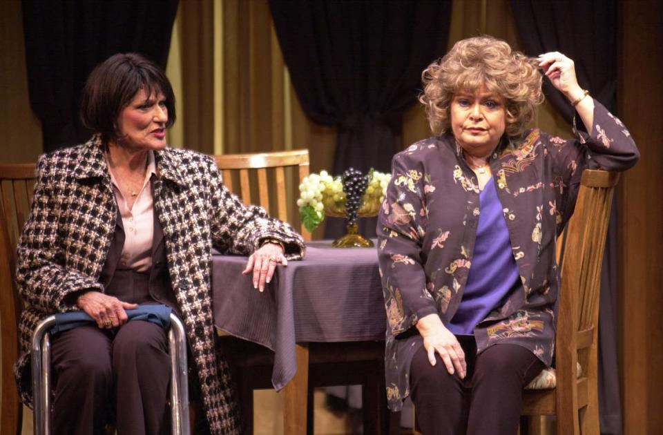 Dodie Brown, left, and Sally Struthers starred as widows who make monthly trips together to their husbands’ graves in “The Club of Hearts” at the New Theatre in 2005.