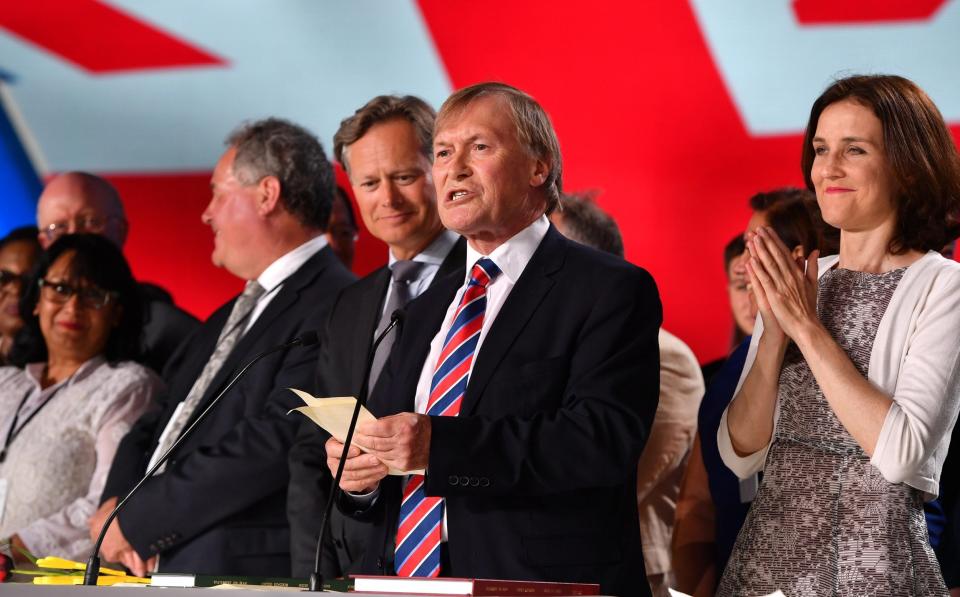 Sir David Amess speaks as the British delegation appear on stage during the Conference In Support Of Freedom and Democracy In Iran on June 30, 2018 - Getty 