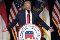 Former President Donald Trump speaks at the North Carolina Republican Convention Saturday, June 5, 2021, in Greenville, N.C. (AP Photo/Chris Seward)