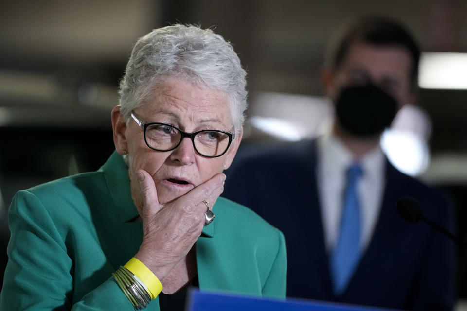 WASHINGTON, DC - APRIL 22: (L-R) White House Climate Adviser Gina McCarthy and U.S. Secretary of Transportation Pete Buttigieg hold a news conference about the American Jobs Plan and to highlight electric vehicles at Union Station near Capitol Hill on April 22, 2021 in Washington, DC. The Biden administration has proposed over $170 billion in spending to boost the production of zero-emission buses and cars and increase the number of EV charging stations. (Photo by Drew Angerer/Getty Images)