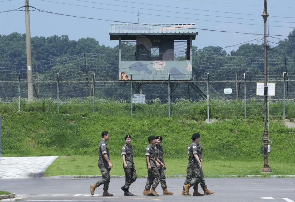 South Korean army soldiers pass by a military guard post at the Imjingak Pavilion in Paju, South Korea, near the border with North Korea, Wednesday, July 19, 2023. North Korea was silent about the highly unusual entry of an American soldier across the Koreas' heavily fortified border although it test-fired short-range missiles Wednesday in its latest weapons display. (AP Photo/Ahn Young-joon)