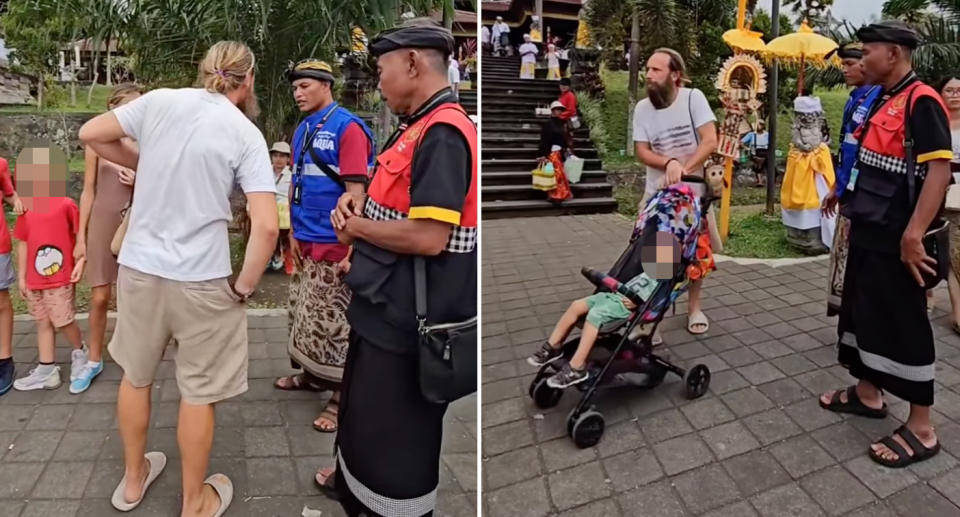 Bali authorities confronting the tourist family at the Besakih Temple for their casual dress.