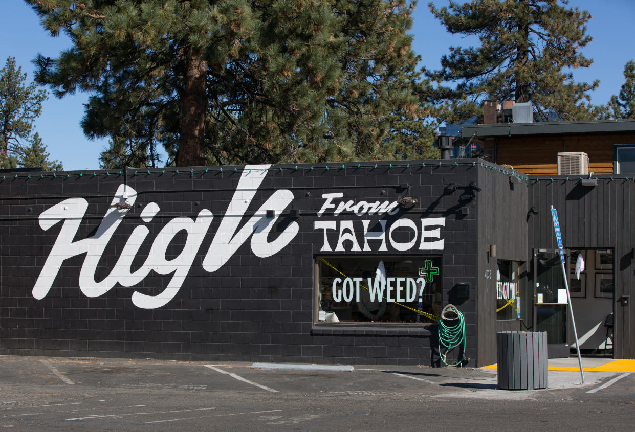 SOUTH LAKE TAHOE, CA - OCTOBER 17:  Dozens of marijuana dispensaries (stores) have opened along the Highway 50 lakeshore drive since the legalization of recreation cannabis was passed by voters in 2016 as viewed on October 17, 2021, in South Lake Tahoe, California. The state of California raised $817 million in tax revenues on cannabis last year and is expected to surpass $1 billion this year. (Photo by George Rose/Getty Images)