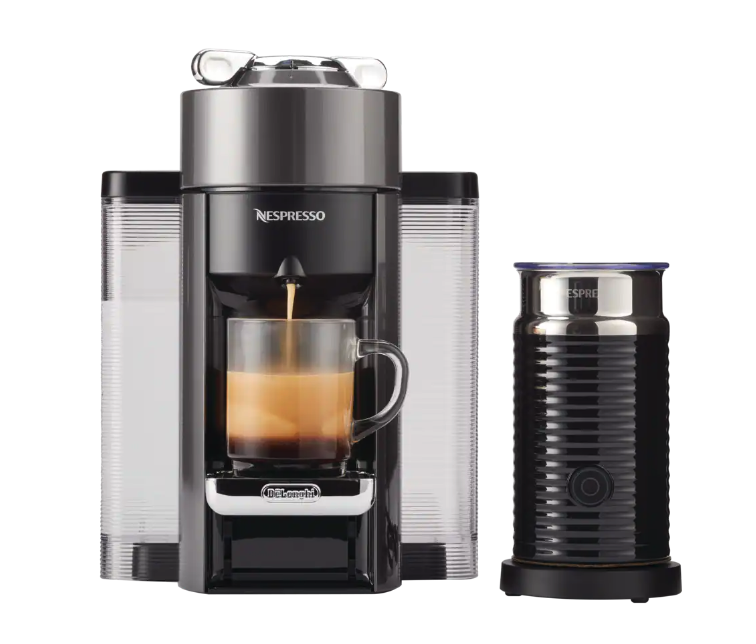 Nespresso Vertuo Coffee & Espresso Machine by DeLonghi with Aeroccino Milk Frother. Image via Canadian Tire.