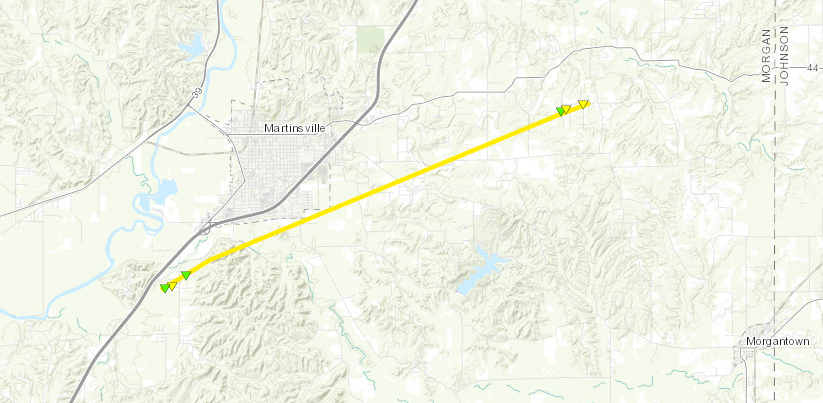 The path of a confirmed tornado during March 31, 2023 storms near Martinsville.