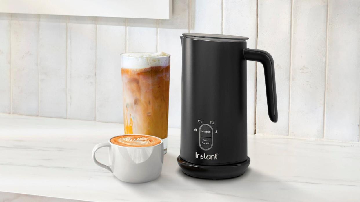  Instant Pot Milk Frother with an iced latte and hot latte beside it. 