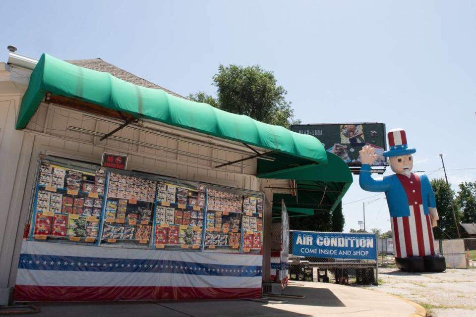 A giant inflatable Uncle Sam greets visitors at World Class Fireworks on Rainbow Boulevard in Kansas City, Kansas.