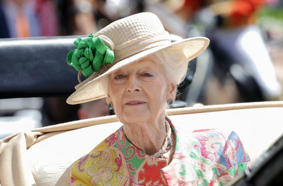 ASCOT, ENGLAND - JUNE 15:  Princess Alexandra, The Honourable Lady Ogilvy smiles as she arrives into the parade ring on the royal carriage during Royal Ascot 2022 at Ascot Racecourse on June 15, 2022 in Ascot, England. (Photo by Chris Jackson/Getty Images)