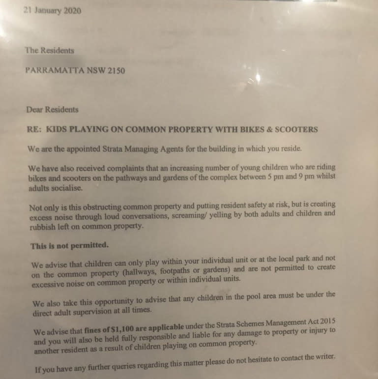 A strata notice threatened to fine residents $1100 for having 'loud' children in common areas and within individual flats. Source: Reddit/normie123456