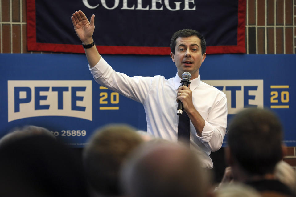 Democratic presidential candidate South Bend, Ind., Mayor Pete Buttigieg speaks during a campaign event Thursday, Dec. 5, 2019, at New England College in Henniker, N.H. (AP Photo/ Cheryl Senter)