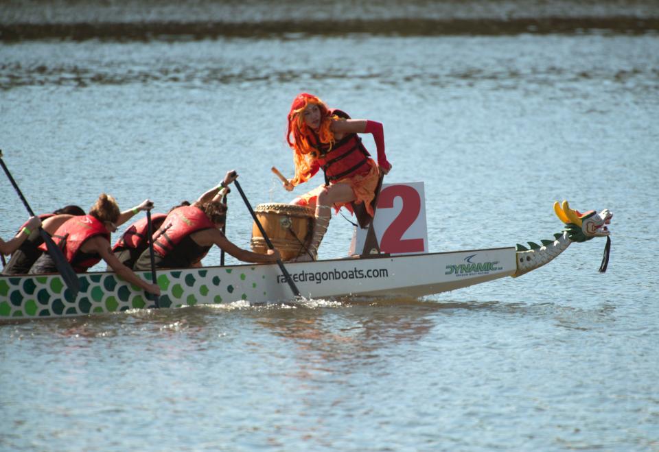 Racers make their way to the finish line during a previous Pensacola Dragon Boat race.